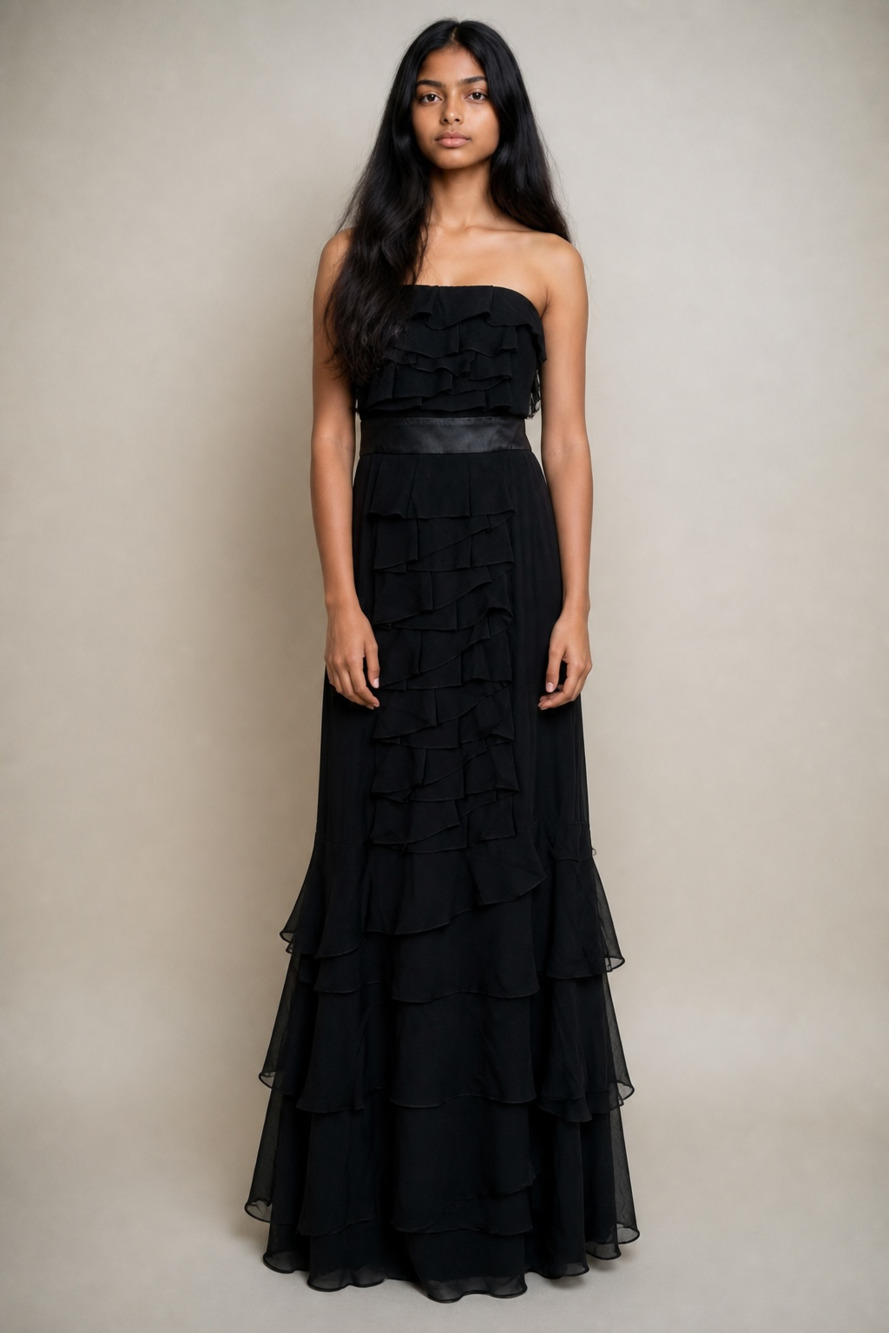 Y2k BCBGMAXAZRIA Women's Strapless 100% Silk Tiered Glam Grunge Ruffled Black Go